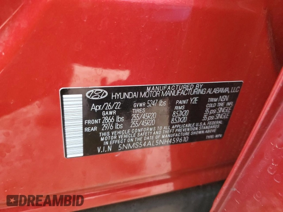 2022 Hyundai Santa Fe Calligraphy with VIN 5NMS54AL5NH459610, listed as a Copart auction lot 80445554 with 33,510 mi miles and Salvage Title. Bid and sale history available at carsss.com. Image 15.