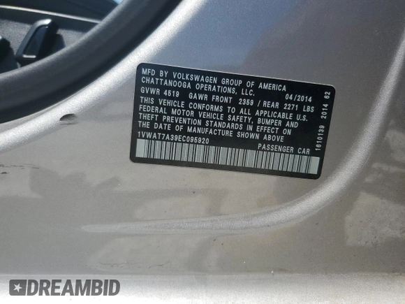2014 Volkswagen Passat Wolfsburg Edition with VIN 1VWAT7A39EC095920, listed as a Copart auction lot 56628415 with 103,492 mi miles and Salvage title. Bid and sale history available at DreamBid. Image 12.