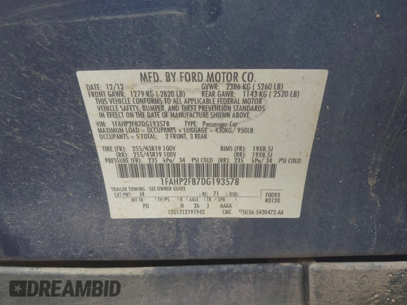 2013 Ford Taurus Limited с VIN 1FAHP2F87DG193578, выставлен на аукционе IAAI как лот 42544722 с пробегом 147 234 миль миль и . История ставок и продаж доступна на DreamBid. Изображение 9.
