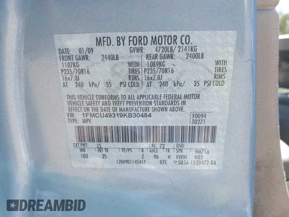 2009 Ford Escape Hybrid with VIN 1FMCU49319KB30484, listed as a IAAI auction lot 42160753 with 104,669 mi miles and . Bid and sale history available at DreamBid. Image 9.