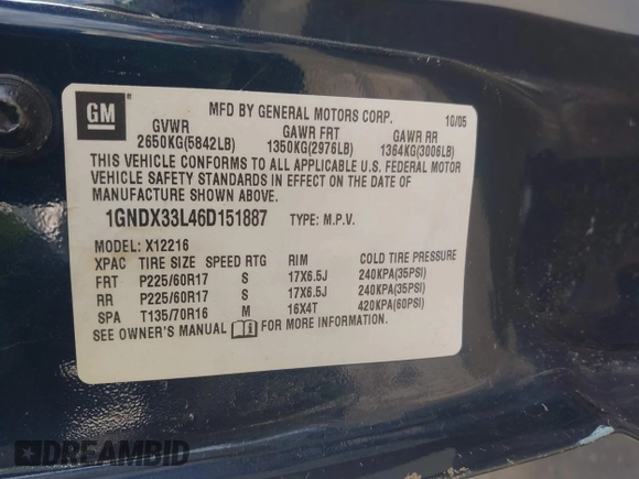 2006 Chevrolet Uplander with VIN 1GNDX33L46D151887, listed as a IAAI auction lot 41863885 with 147,068 mi miles and . Bid and sale history available at DreamBid. Image 9.