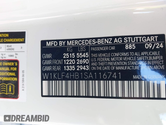 2025 Mercedes-Benz E 350 z VIN W1KLF4HB1SA116741, wystawiony jako IAAI lot #41553271 z przebiegiem 1 025 mil mil oraz . Historia ofert i sprzedaży dostępna na DreamBid. Obrazek 9.