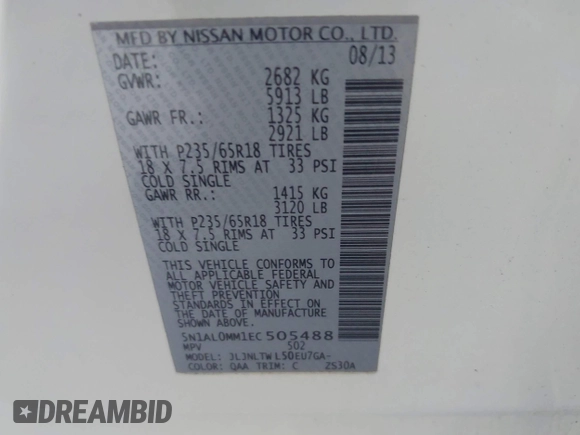 2014 Infiniti QX60 with VIN 5N1AL0MM1EC505488, listed as a IAAI auction lot 42592061 with 207,960 mi miles and . Bid and sale history available at DreamBid. Image 9.