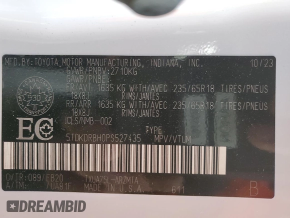 2023 Toyota Highlander L with VIN 5TDKDRBH0PS527435, listed as a Copart auction lot 55776425 with 24,944 mi miles and Salvage title. Bid and sale history available at DreamBid. Image 14.