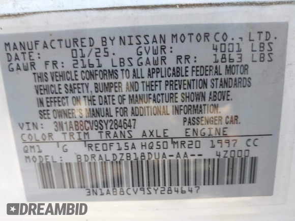2025 Nissan Sentra SV z VIN 3N1AB8CV9SY284647, wystawiony jako IAAI lot #42489225 z przebiegiem 6 262 mil mil oraz . Historia ofert i sprzedaży dostępna na DreamBid. Obrazek 9.