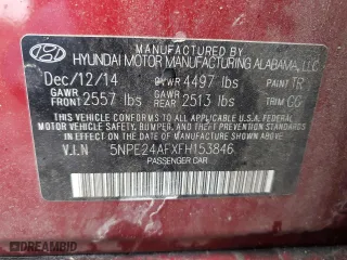2015 Hyundai Sonata 2.4L SE with VIN 5NPE24AFXFH153846, listed as a Copart auction lot 49737825 with 127,376 mi miles and Salvage Title. Bid and sale history available at carsss.com. Image 13.