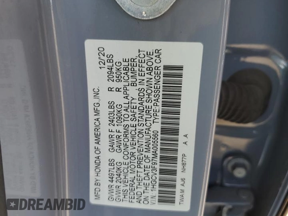 2021 Honda Accord Touring with VIN 1HGCV3F97MA005560, listed as a Copart auction lot 55271745 with 63,443 mi miles and Salvage title. Bid and sale history available at DreamBid. Image 13.