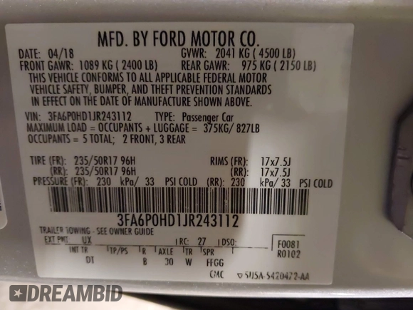 2018 Ford Fusion SE with VIN 3FA6P0HD1JR243112, listed as a IAAI auction lot 42256676 with 112,003 mi miles and . Bid and sale history available at DreamBid. Image 9.