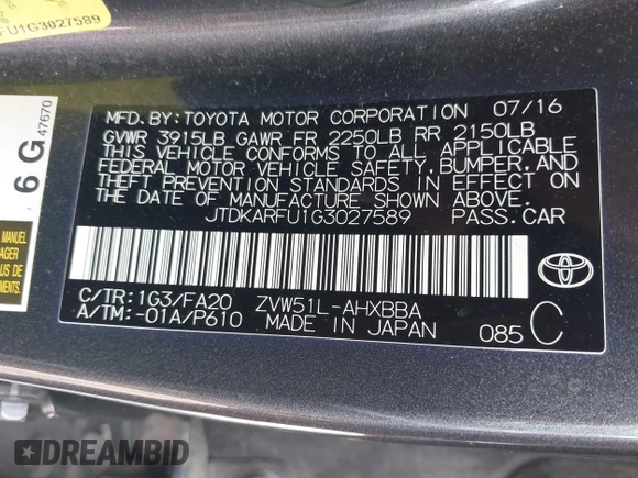 2016 Toyota Prius Four z VIN JTDKARFU1G3027589, wystawiony jako IAAI lot #42391692 z przebiegiem 172 255 mil mil oraz . Historia ofert i sprzedaży dostępna na DreamBid. Obrazek 9.