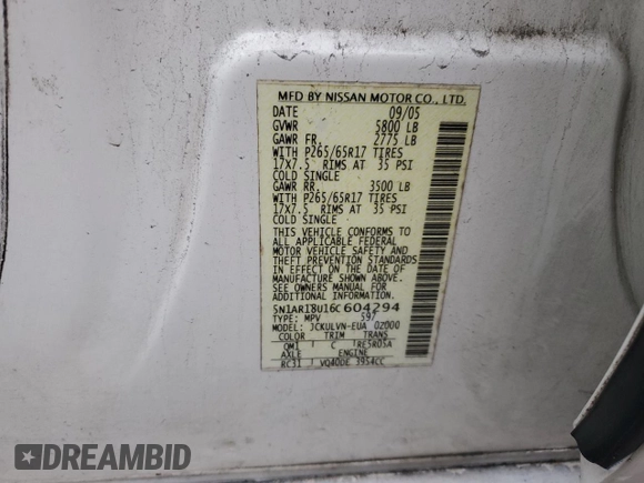2006 Nissan Pathfinder SE с VIN 5N1AR18U16C604294, выставлен на аукционе Copart как лот 75262204 с пробегом 194 342 миль миль и Списание • Salvage title. История ставок и продаж доступна на DreamBid. Изображение 13.