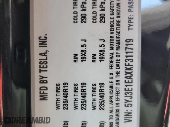 2019 Tesla Model 3 Mid Range with VIN 5YJ3E1EAXKF311719, listed as a Copart auction lot 44570825 with 143,034 mi miles and Salvage Title. Bid and sale history available at carsss.com. Image 14.