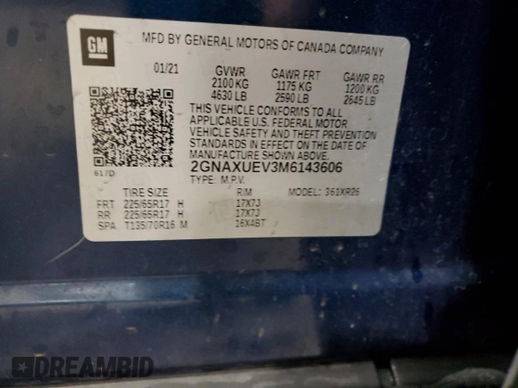 2021 Chevrolet Equinox LT with VIN 2GNAXUEV3M6143606, listed as a Copart auction lot 52160375 with 90,449 mi miles and Salvage Title. Bid and sale history available at DreamBid. Image 14.