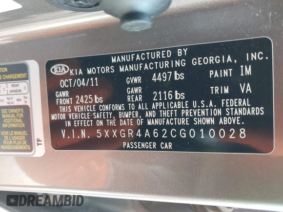 2012 Kia Optima SX with VIN 5XXGR4A62CG010028, listed as a IAAI auction lot 41942271 with 227,080 mi miles and . Bid and sale history available at carsss.com. Image 9.