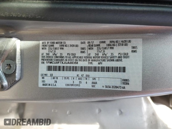 2018 Ford Escape S with VIN 1FMCU0F7XJUA08358, listed as a Copart auction lot 44035535 with 198,467 mi miles and Salvage title. Bid and sale history available at DreamBid. Image 15.