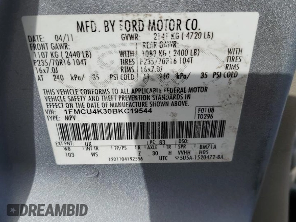 2011 Ford Escape Hybrid with VIN 1FMCU4K30BKC19544, listed as a Copart auction lot 43152825 with 219,127 mi miles and Salvage title. Bid and sale history available at DreamBid. Image 13.