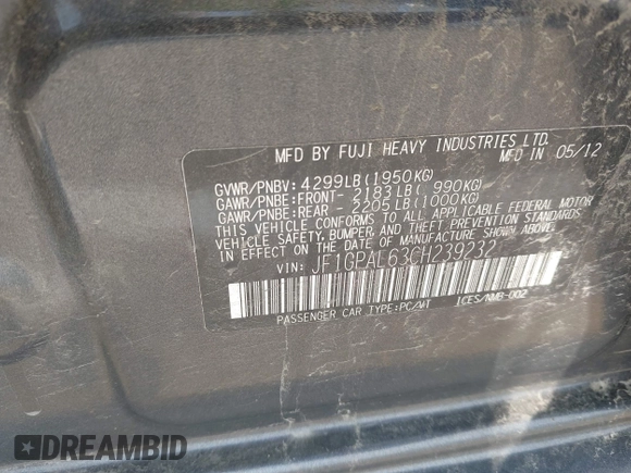 2012 Subaru Impreza Special Sports Premium с VIN JF1GPAL63CH239232, выставлен на аукционе IAAI как лот 42500382 с пробегом 138 723 миль миль и . История ставок и продаж доступна на DreamBid. Изображение 9.