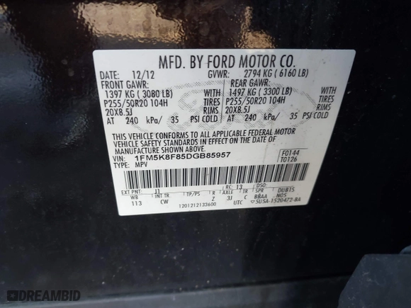 2013 Ford Explorer Limited with VIN 1FM5K8F85DGB85957, listed as a IAAI auction lot 41530677 with 219,130 mi miles. Bid and sale history available at carsss.com. Image 9.