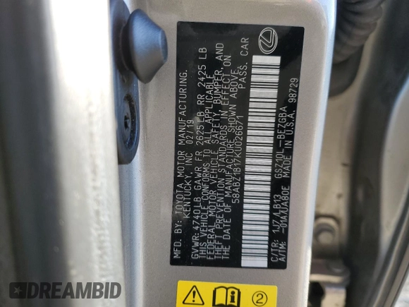 2019 Lexus ES 350 with VIN 58ABZ1B17KU026671, listed as a Copart auction lot 50036715 with 62,608 mi miles and Salvage Title. Bid and sale history available at DreamBid. Image 12.