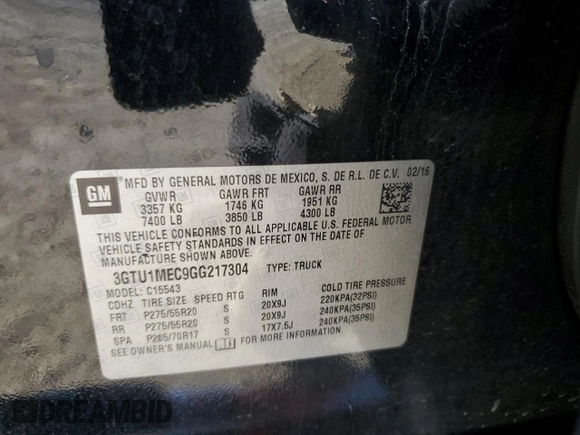 2016 GMC Sierra 1500 with VIN 3GTU1MEC9GG217304, listed as a Copart auction lot 42927355 with 93,474 mi miles and Salvage Title. Bid and sale history available at DreamBid. Image 12.