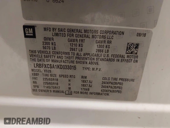 2019 Buick Envision Essence with VIN LRBFXCSA1KD033015, listed as a IAAI auction lot 41889135 with 43,417 mi miles and . Bid and sale history available at carsss.com. Image 9.