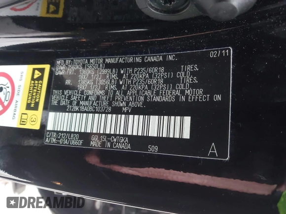 2011 Lexus RX 350 with VIN 2T2BK1BA0BC103728, listed as a IAAI auction lot 41681564 with 86,816 mi miles and . Bid and sale history available at DreamBid. Image 9.