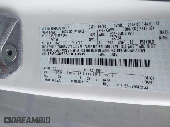 2018 Ford Escape S with VIN 1FMCU0F78JUC49805, listed as a IAAI auction lot 42690048 with 80,918 mi miles and . Bid and sale history available at DreamBid. Image 9.