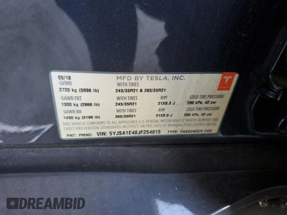 2018 Tesla Model S 75D with VIN 5YJSA1E48JF254615, listed as a Copart auction lot 49901715 with 109,694 mi miles and Salvage title. Bid and sale history available at DreamBid. Image 15.