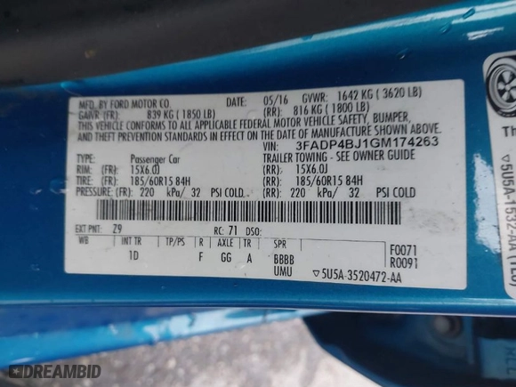 2016 Ford Fiesta SE with VIN 3FADP4BJ1GM174263, listed as a IAAI auction lot 41784742 with 57,175 mi miles. Bid and sale history available at carsss.com. Image 9.