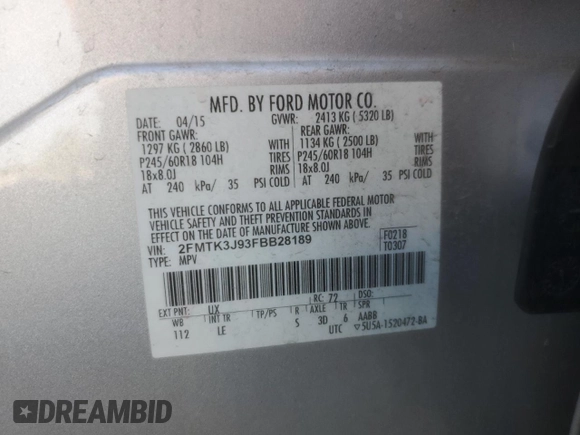 2015 Ford Edge SEL with VIN 2FMTK3J93FBB28189, listed as a Copart auction lot 50500275 with 162,861 mi miles and Salvage Title. Bid and sale history available at carsss.com. Image 15.