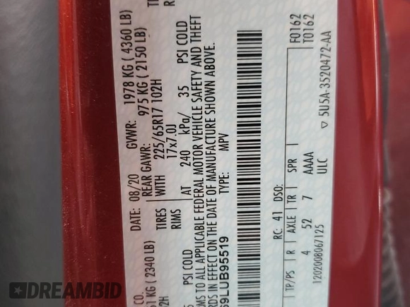 2020 Ford Escape SE с VIN 1FMCU0G69LUB95519, выставлен на аукционе Copart как лот 55356315 с пробегом 102 042 миль миль и Списание • Salvage title. История ставок и продаж доступна на DreamBid. Изображение 12.