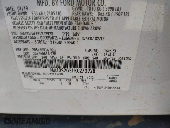 2019 Ford EcoSport SE с VIN MAJ3S2GE1KC273928, выставлен на аукционе IAAI как лот 42171629 с пробегом 96 712 миль миль и . История ставок и продаж доступна на DreamBid. Изображение 9.
