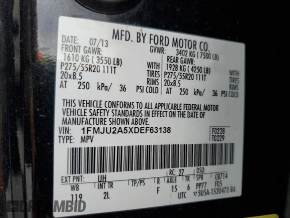 2013 Ford Expedition Limited with VIN 1FMJU2A5XDEF63138, listed as a Copart auction lot 54631845 with Not provided miles and Salvage title. Bid and sale history available at DreamBid. Image 13.