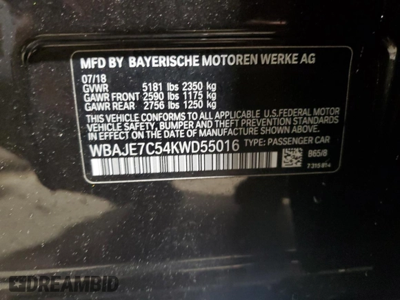 2019 BMW 5 Series 540i xDrive with VIN WBAJE7C54KWD55016, listed as a Copart auction lot 56281805 with 49,623 mi miles and Salvage title. Bid and sale history available at DreamBid. Image 12.