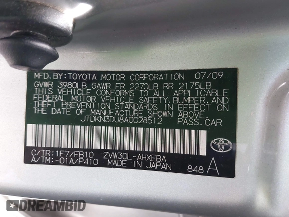 2010 Toyota Prius II with VIN JTDKN3DU8A0028512, listed as a IAAI auction lot 42046790 with 250,562 mi miles. Bid and sale history available at carsss.com. Image 9.