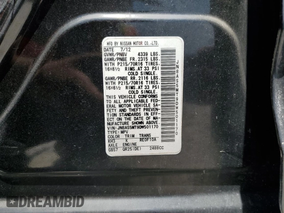2013 Nissan Rogue S with VIN JN8AS5MT9DW501170, listed as a Copart auction lot 53796655 with 148,086 mi miles and Salvage Title. Bid and sale history available at DreamBid. Image 13.