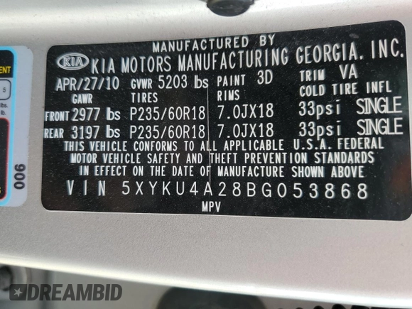 2011 Kia Sorento EX with VIN 5XYKU4A28BG053868, listed as a Copart auction lot 64379513 with 98,758 mi miles and Non Repairable. Bid and sale history available at carsss.com. Image 13.