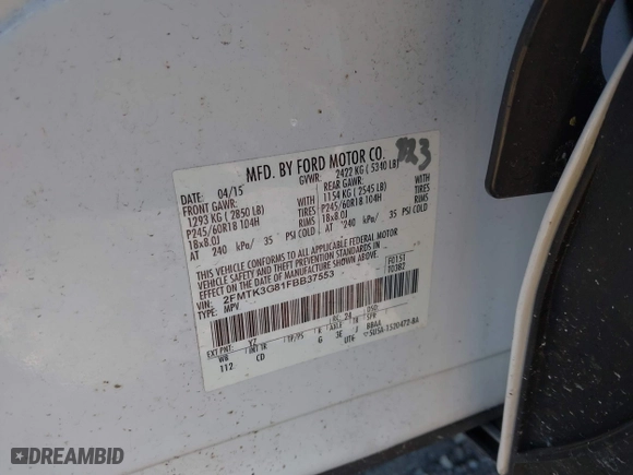 2015 Ford Edge SE with VIN 2FMTK3G81FBB37553, listed as a IAAI auction lot 41316586 with 1 mi miles. Bid and sale history available at carsss.com. Image 9.