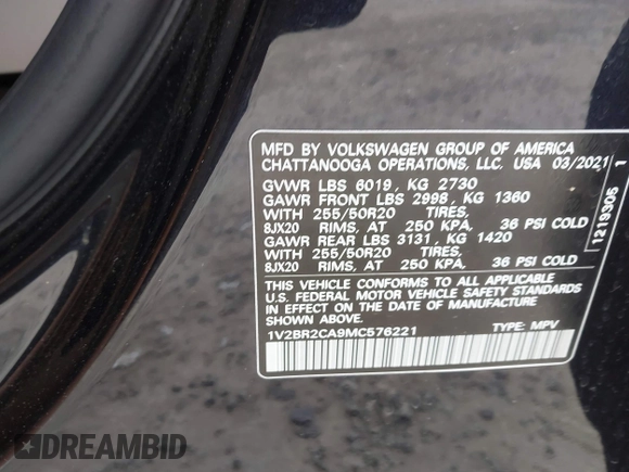 2021 Volkswagen Atlas SEL with VIN 1V2BR2CA9MC576221, listed as a IAAI auction lot 42176520 with 67,272 mi miles and . Bid and sale history available at DreamBid. Image 9.