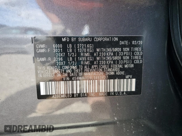 2020 Subaru Ascent Touring with VIN 4S4WMARD9L3460427, listed as a Copart auction lot 58083635 with 73,142 mi miles and Salvage title. Bid and sale history available at DreamBid. Image 14.