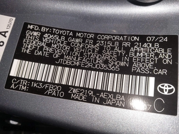 2024 Toyota Corolla Hybrid LE with VIN JTDBCMFE2RJ035365, listed as a IAAI auction lot 41550244 with 5,265 mi miles. Bid and sale history available at carsss.com. Image 9.