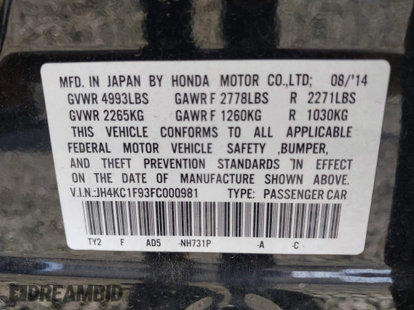 2015 Acura RLX Advance with VIN JH4KC1F93FC000981, listed as a IAAI auction lot 42146965 with 145,127 mi miles and . Bid and sale history available at DreamBid. Image 9.