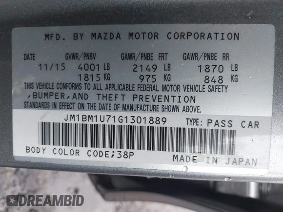 2016 Mazda 3 i Sport with VIN JM1BM1U71G1301889, listed as a IAAI auction lot 41531112 with 142,881 mi miles and . Bid and sale history available at DreamBid. Image 9.