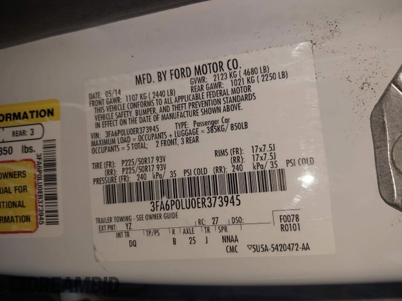 2014 Ford Fusion SE Hybrid with VIN 3FA6P0LU0ER373945, listed as a IAAI auction lot 41810533 with 82,177 mi miles. Bid and sale history available at carsss.com. Image 9.