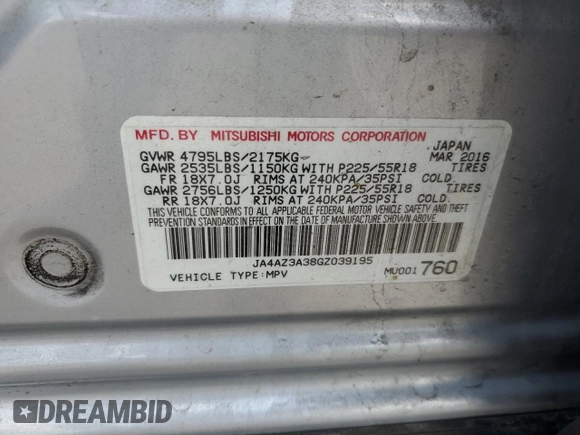 2016 Mitsubishi Outlander SE with VIN JA4AZ3A38GZ039195, listed as a Copart auction lot 59016905 with 174,470 mi miles and Salvage title. Bid and sale history available at DreamBid. Image 13.