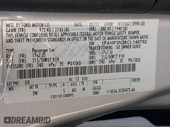 2012 Ford Focus Titanium with VIN 1FAHP3N28CL149792, listed as a IAAI auction lot 42133034 with 125,562 mi miles and . Bid and sale history available at carsss.com. Image 9.