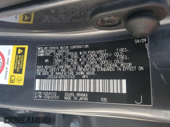 2009 Toyota Highlander with VIN JTEES41A392131631, listed as a Copart auction lot 56846475 with Not provided miles and Clean title. Bid and sale history available at DreamBid. Image 13.