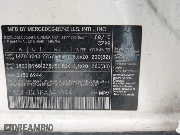 2011 Mercedes-Benz GL-Class GL 450 with VIN 4JGBF7BE9BA645344, listed as a IAAI auction lot 42099508 with 134,244 mi miles. Bid and sale history available at carsss.com. Image 9.