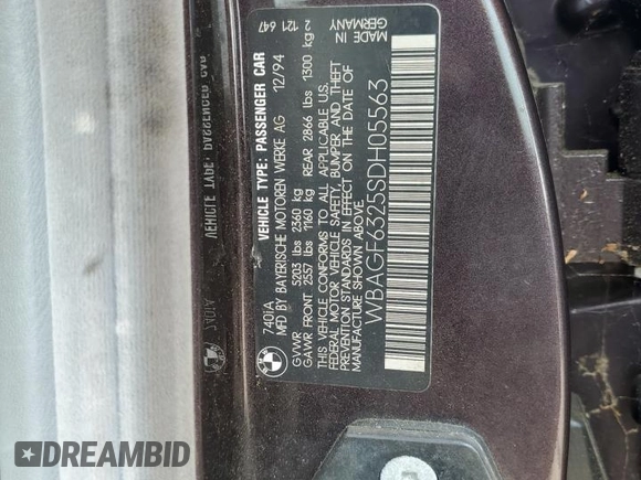 1995 BMW 7 Series 740i with VIN WBAGF6325SDH05563, listed as a Copart auction lot 60356245 with 153,155 mi miles and Clean title. Bid and sale history available at DreamBid. Image 12.