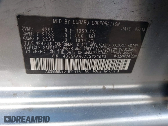 2018 Subaru Impreza with VIN 4S3GKAA67J3622063, listed as a IAAI auction lot 41318036 with 75,713 mi miles and . Bid and sale history available at DreamBid. Image 9.