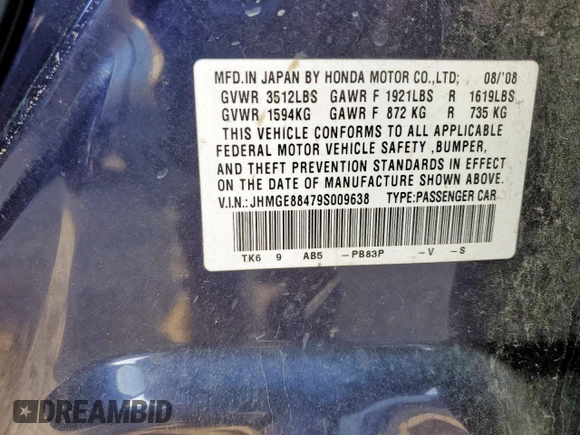2009 Honda Fit Sport z VIN JHMGE88479S009638, wystawiony jako Copart lot #59407455 z przebiegiem Nie podano mil oraz Szkoda całkowita • Salvage title. Historia ofert i sprzedaży dostępna na DreamBid. Obrazek 13.